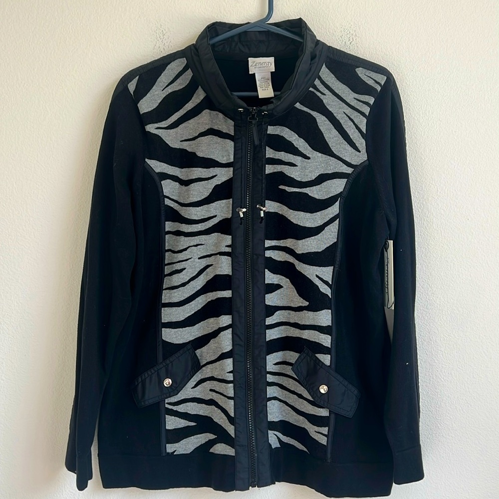 NEW Zenergy by Chico’s Black Gray Cotton Zara Zebra Zip Up Sweater Jacket